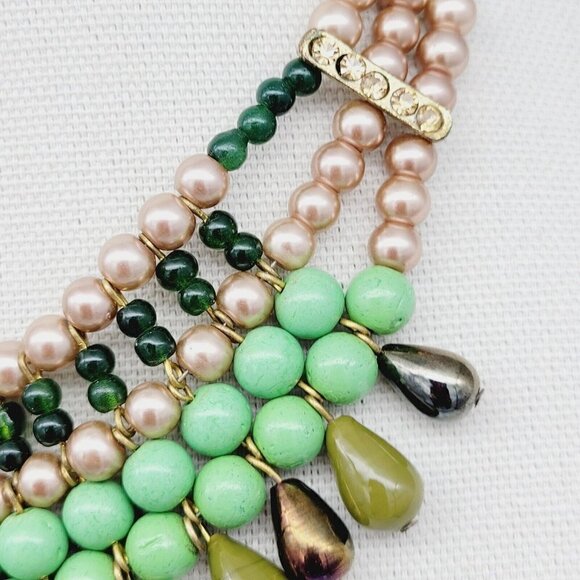 Triple Strand Layered Bib Beaded Necklace Green Ceramic Faux Pearls Statement - Picture 5 of 8